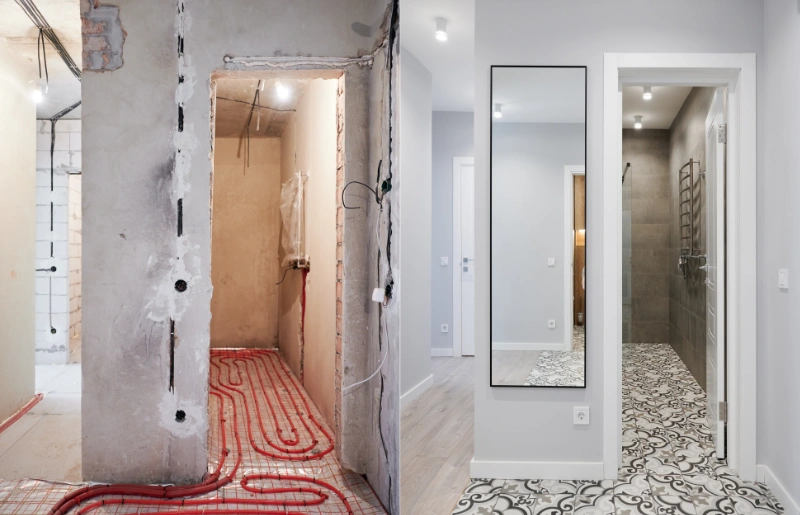 reforma integral en Nou Barris - collage de trabajos previos en suelo radiante y baño reformado