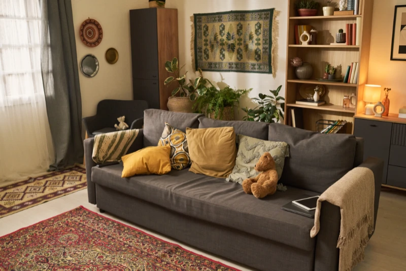 reformas en Sants salón cálido vista sofá muebles pared y lampara