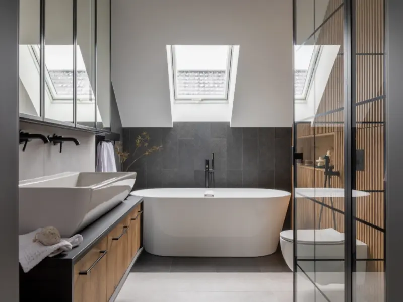 reforma en Pedralbes - Vista amplia de baño y de calidades de muebles de baño lavabo doble y bañera al fondo