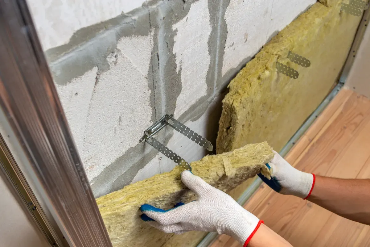 reformas para mejorar la eficiencia energética en Barcelona especialista colocando placas de lana de roca en una rehabilitación energética. Interior de un edificio en Barcelona con aislamiento térmico y acústico. Rehabilitación de edificios, Rehabilitación energética, Subvenciones Next Generation, Tratamiento de humedades